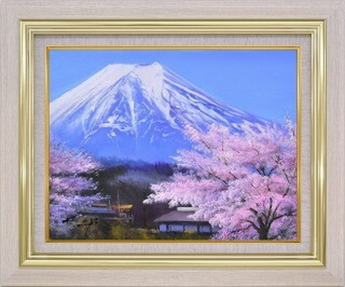 油絵 オイルペイントアート 加治 秀雄 里の桜に富士 F10 673x598x55mm