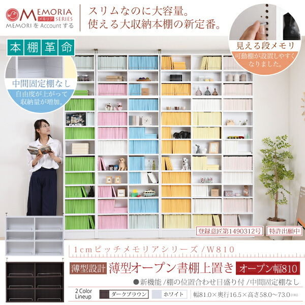 本棚 薄型 オープンラック 上置き 幅81 MEMORIA 棚板が1cmピッチで可動