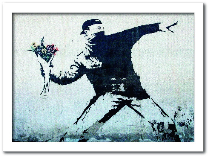バンクシー Banksy インテリアアート Fower bomber 花束を投げる男 VS-1001WH-A2 フレームカラー：ホワイト サイズ：A2  kar-10054175s10-家具インテリアのジェンコ【本店】