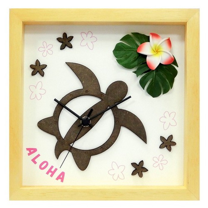 保証付 ハワイアン インテリア時計 DECLOCK Hawaiian Clock Honu Flower フレーム ナチュラル プルメリア レッド DC-1807 kar-3776333s1 1枚目の画像
