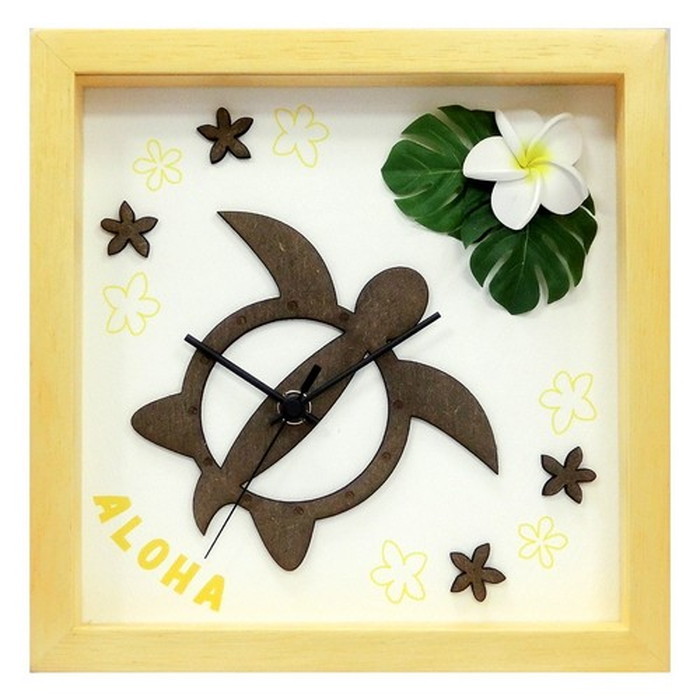 保証付 ハワイアン インテリア時計 DECLOCK Hawaiian Clock Honu Flower フレーム ナチュラル プルメリア イエロー DC-1808 kar-3776333s2 1枚目の画像